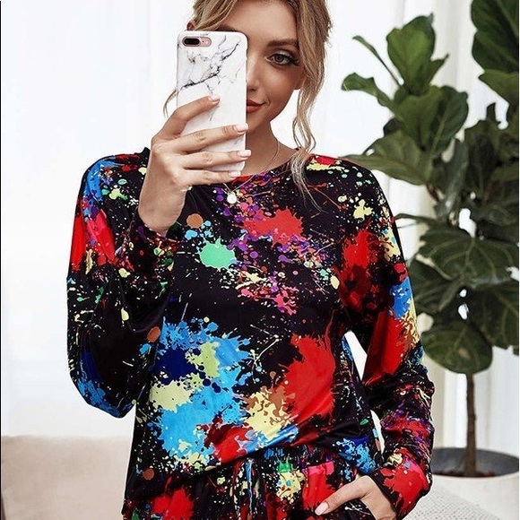 NWT Black Multi Color Two Piece Pajama Set - Picture 2 of 6